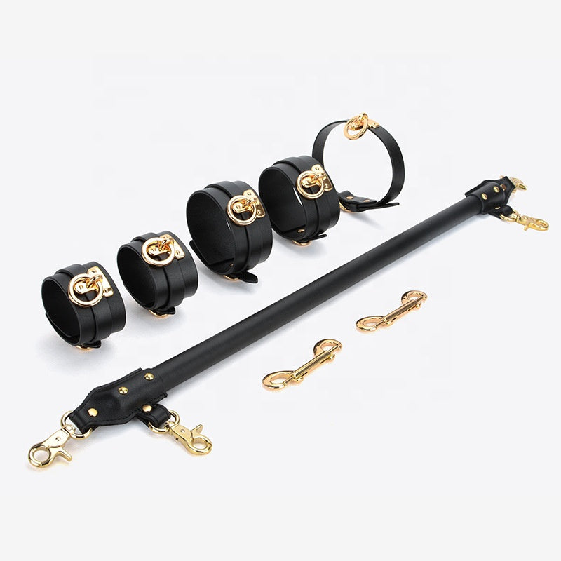 SM Genuine Leather Cowhide Leg Split Device Bondage Set Flirting Leg Toy Restraint Handcuffs Collar 5-pcs Set BDSM Kit Sex Toys