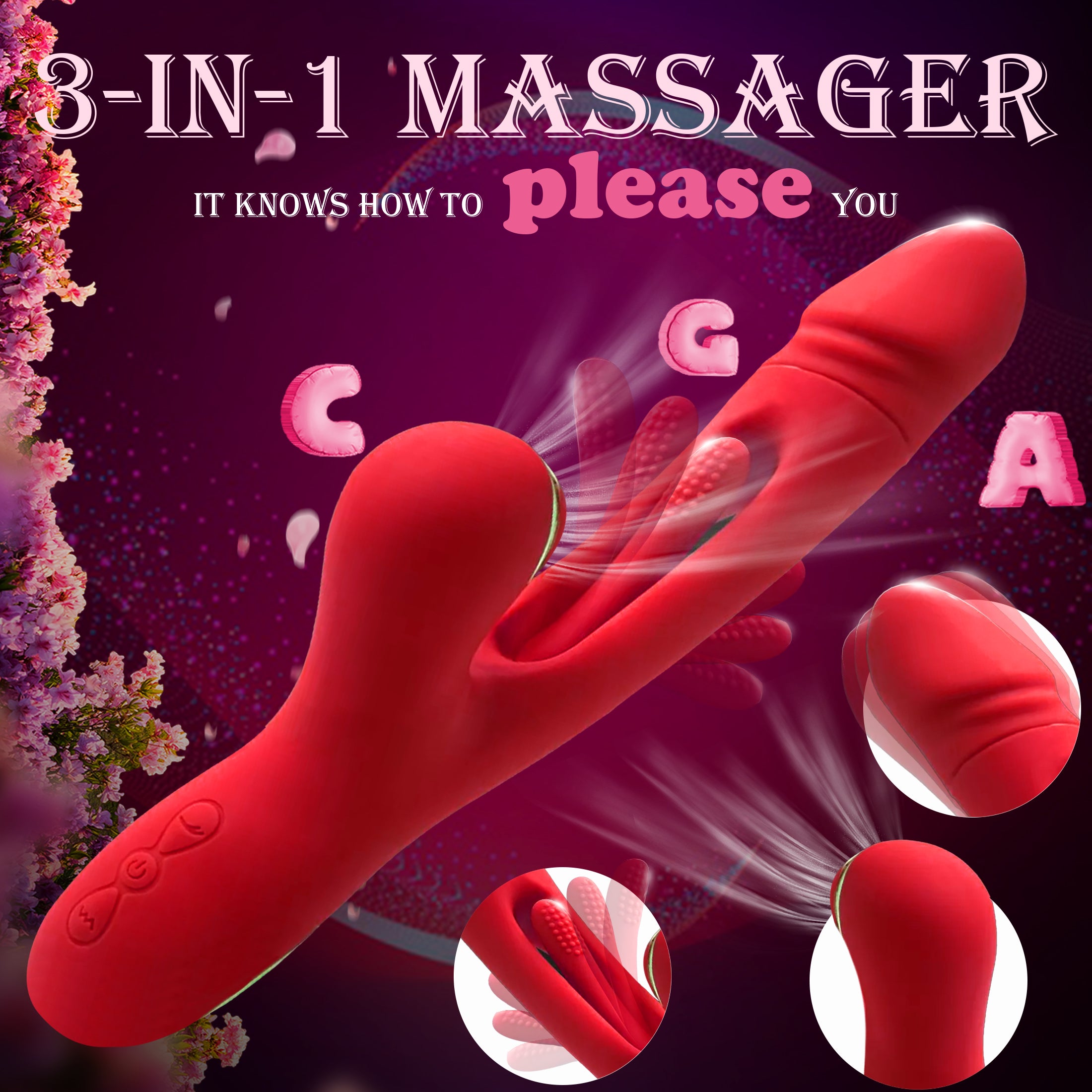 3-in-1 Rabbit Vibrating Massage Wand 7 Tapping Licking Modes Stimulates G-Spot Clitoral USB Charging Adult Erotic Sex Toy
